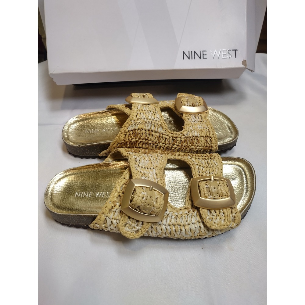 Nine West WNTENLY2 Gold Raffia Double Strap Buckle Slide Sandals women 7.5M